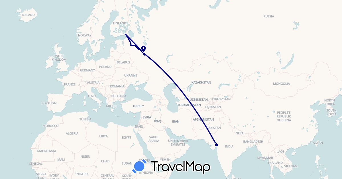 TravelMap itinerary: driving in India, Russia (Asia, Europe)